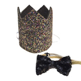 Dog Birthday Crown & Bow Tie Collar - Black & Gold