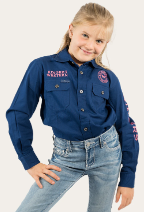 Ringers Western - Jackaroo Kids L/S Full Button Embroidered Work shirt Navy/Melon